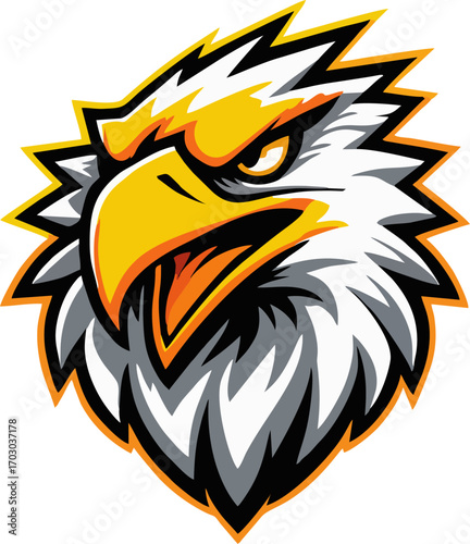 Golden beak eagle with layered feathers, sharp eyes, esport crest logo.
