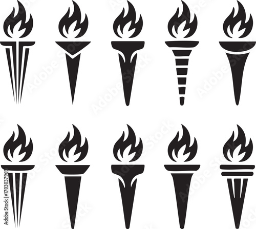 Set of Ten Black Silhouette Olympic Torches with Flames on White Background fire sport