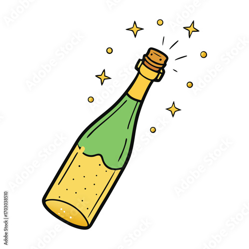 A sparkling champagne bottle bursts open, sending fizzy bubbles and golden spray into the air, capturing the excitement and celebration of a joyful moment.
