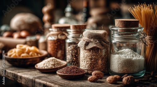Rustic Pantry Still Life with Jars of Grains, Pasta, and Nuts on Wooden Surface