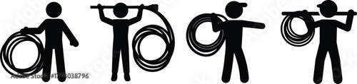 Plumber silhouettes carrying coiled water pipes various poses vector