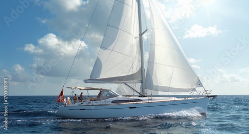 Sailing yacht cruising on ocean under sunny sky with white sails