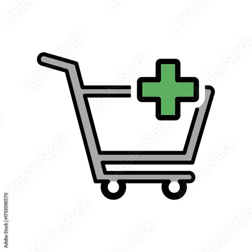 Shopping cart adds green cross symbol isolated design