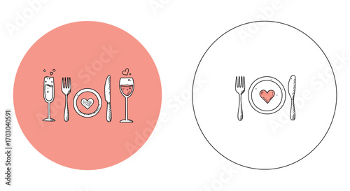 romantic dinner setup with heart shaped plate and wine glasses