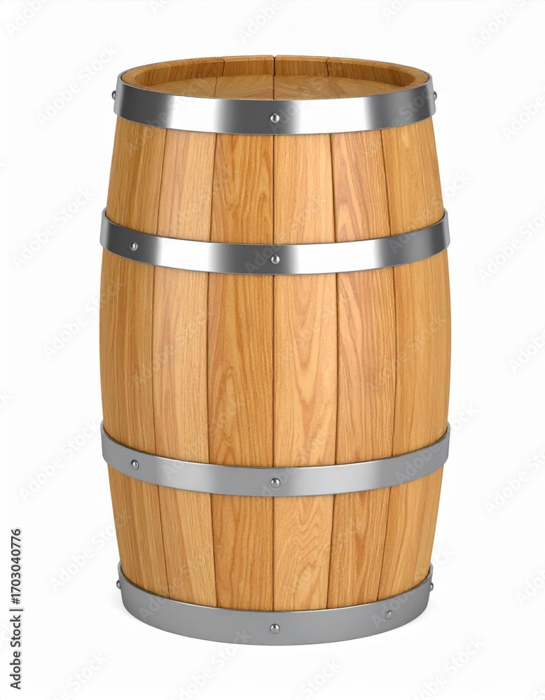 Obraz premium Classic Wooden Barrel with Metal Hoops Isolated on White Background in Studio Lighting