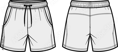 Men’s shorts front and back view, cad drawing, flat vector sketch, fashion design template, apparel mockup, casual wear clothing illustration