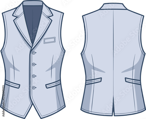 Mens waistcoat vector cad drawing, formal vest fashion flat sketch, tailored suit waistcoat design, clothing apparel template, stylish sleeveless garment illustration