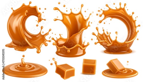 Caramel sauce splashes and cubes