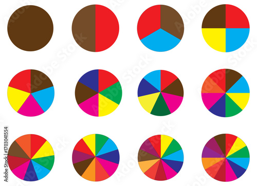  Cercle pie chart set. Different color circles. Segment slice sign. Colorful diagram collection with 1,2,3,4,5,6,7,8,9,10, sections or steps. Circle icons for Infographic wheel segment and fraction.