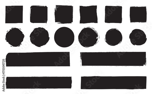 Set of vector paint brush stroke, cercles, rectangles squares, grungy lines, ink splash and grungy decoration elements. Creative vector shape or background art illustration template.