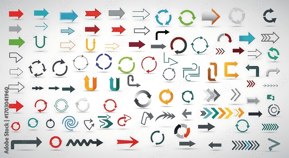 Fototapeta premium Collection of diverse arrow icons and symbols on a light gray