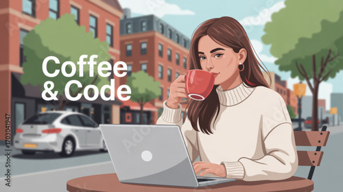 Woman coding with laptop and coffee in outdoor cafe a digital nomad lifestyle for freelance developers and programmers