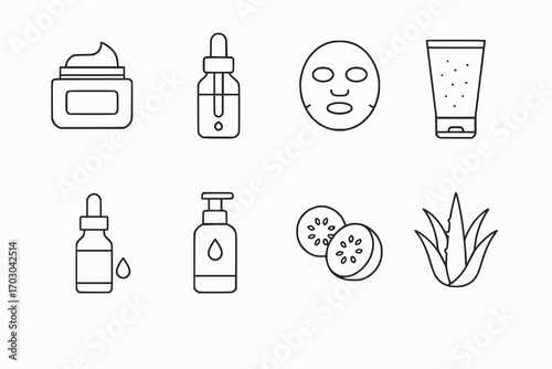 Minimalist line icons of organic facial care products