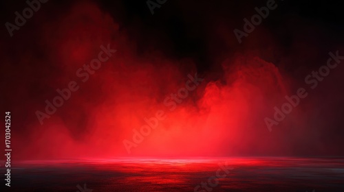 Abstract background with intense red light gradient emerging from deep charcoal black shadows, soft luminous glow, dramatic atmosphere, subtle smoke veils, minimalist composition, high contrast, evoke