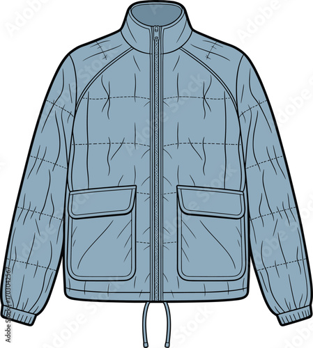 Puffer jacket front flat sketch, quilted outerwear cad drawing, fashion vector template, garment mockup illustration, clothing design, technical apparel outline