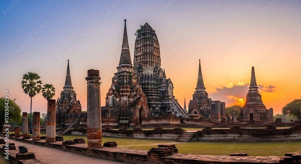 Fototapeta premium Ancient Temple Ruins at Sunset - A Majestic Historical Site.