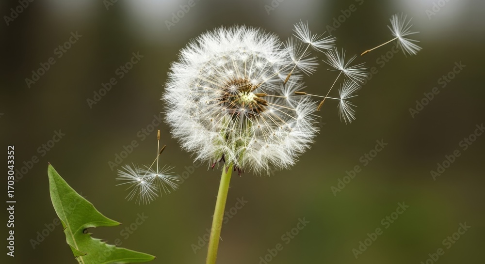 Fototapeta premium Delicate dandelion clock dispersing seeds in a gentle breeze on bokeh background