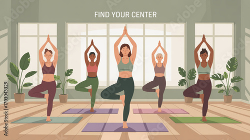 Yoga class tree pose meditation wellness exercise women group balance fitness studio zen health lifestyle 100