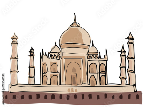 Taj Mahal in continuous line drawing on a white background.
