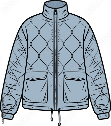 Quilted puffer jacket flat sketch, fashion cad drawing outerwear template, vector garment mockup, technical clothing design, apparel illustration, winter coat design