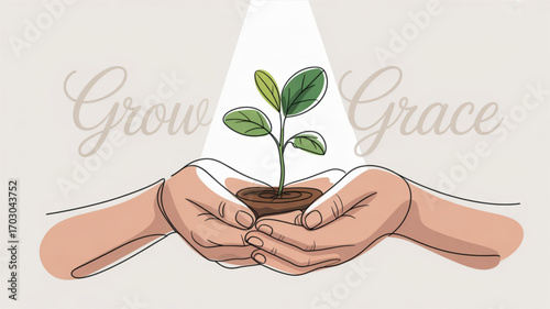 Hands holding seedling plant growing in soil vector illustration growth and grace concept design art