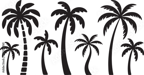Assortment of Black Silhouette Palm Trees with Varied Trunk Shapes and Frond Styles tropical nature