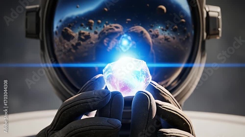 Astronaut holding glowing crystal, celestial reflection in helmet visor, futuristic space exploration and discovery concept