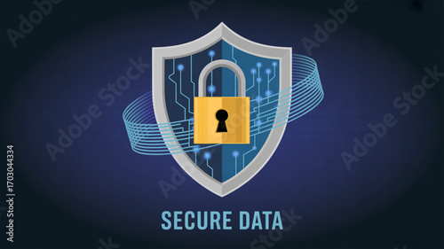 Secure data protection with shield and padlock for network security and cyber security solutions today
