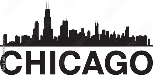 Black silhouette skyline of Chicago with the word CHICAGO in large bold letters below city urban