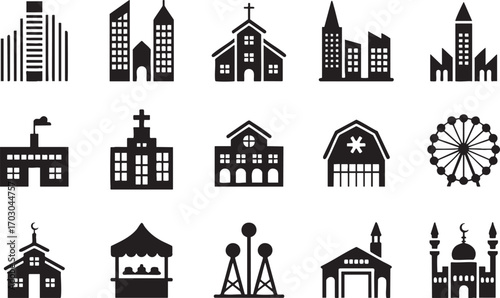 Collection of Building Icons Featuring Modern Architecture Religious Structures and Entertainment Keywords: building, architecture, city, town