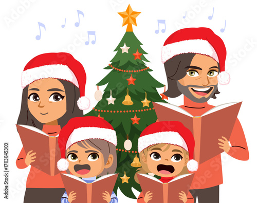 Cartoon illustration of a cheerful family singing Christmas carols together, representing tradition, joy and festive celebrations