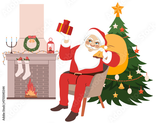 Cartoon illustration of Santa Claus sitting on a chair holding Christmas presents near a chimney and decorated tree, symbolizing holiday joy and festive tradition