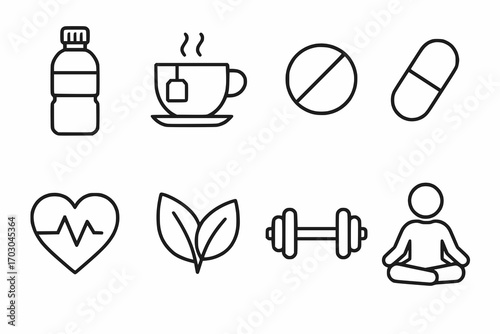Minimalist line icons of health and wellness products