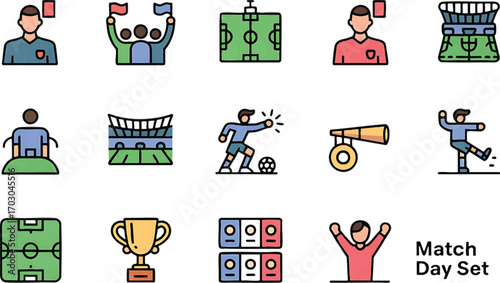 Colorful flat icon set representing soccer match day elements and activities football
