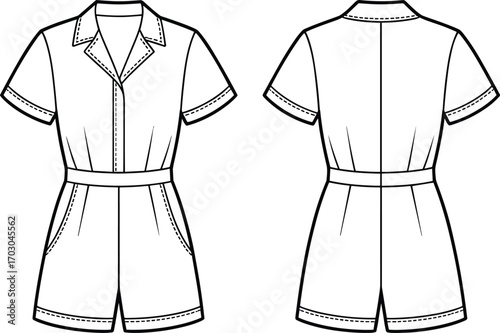 Short sleeve romper cad flat sketch, fashion vector template, women apparel design illustration, garment technical drawing, clothing fashion flat outline