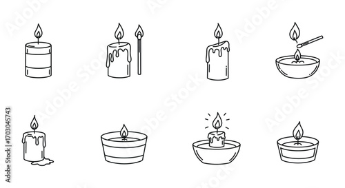 various candles lit in different containers and styles