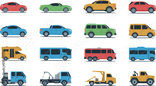Diverse Collection Of Flat Design Vehicles On White Background automobile transportation