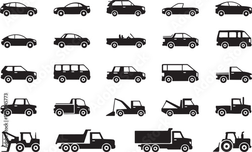 Diverse collection of twenty black silhouette vehicle icons including cars, trucks, and vans automobile