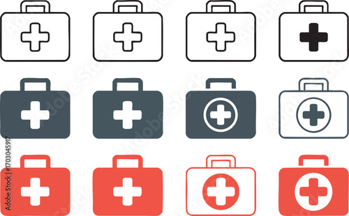 First Aid Kit Icons In Different Colors And Styles Keywords: first aid kit, medical kit, emergency, health, medicine, ambulance, doctor, nurse