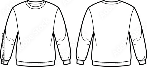 Sweatshirt front and back flat sketch, CAD fashion template, blank clothing outline, vector garment illustration, casual wear mockup, apparel design drawing