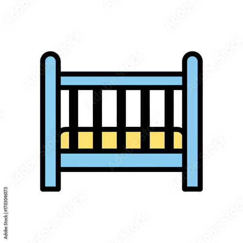 Blue crib stands alone inside clean setting