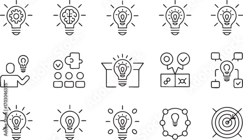 Idea Generation and Innovation Icons with Lightbulbs Brains and Gears creativity inspiration