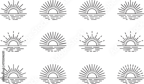 Minimalist line art icons depicting sunrises over water in various styles Keywords: sunrise, sun, water, ocean, sea, horizon, minimalist, line art