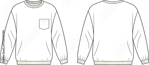 Sweatshirt vector cad drawing, fashion flat sketch, long sleeve pullover template, unisex clothing outline, casual wear design, pocket sweatshirt illustration