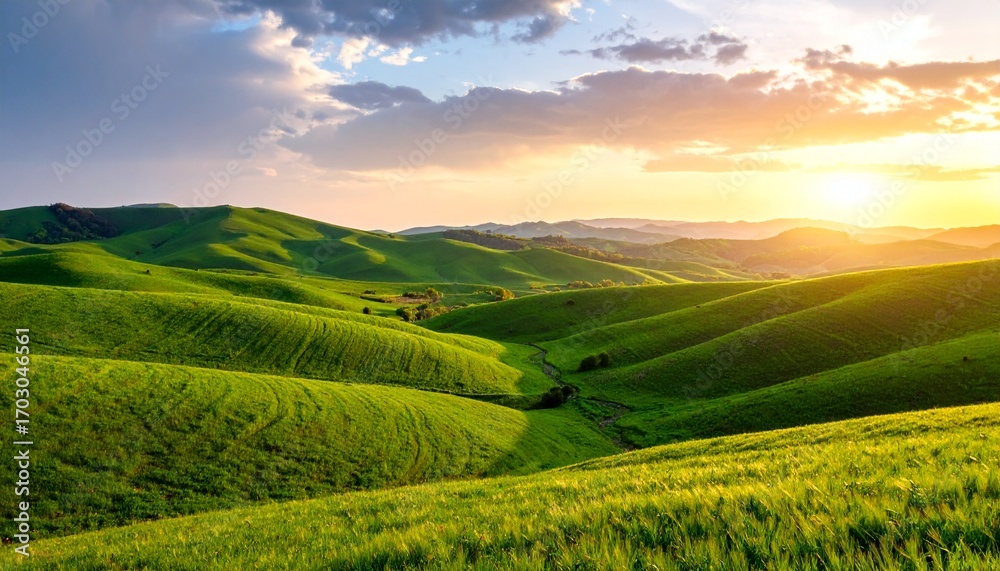 Obraz premium Breathtaking rural landscape of an open grassy plain with rich emerald tones, showcasing rolling hills under a soft pastel sky at sunset