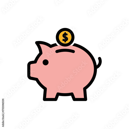 Pink piggybank saves gold coin indoors simple icon