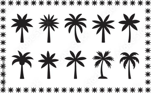Palm Tree Silhouettes Bordering Tropical Island Scene Keywords: palm, tree, tropical, island, beach, vacation, summer, nature, silhouette, black