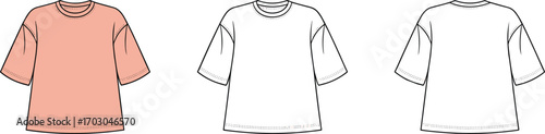 T shirt cad drawing, oversized fashion flat sketch, vector clothing illustration, unisex apparel template, casual wear design, simple minimal t shirt