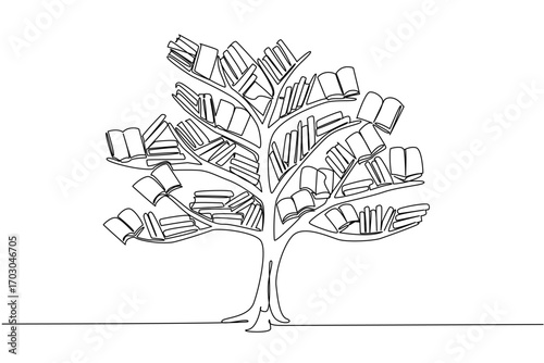 Single one line drawing a tree with branches filled with various books. The higher the level, the more knowledge is needed. Artificial plants. Book Tree. Continuous line design graphic illustration