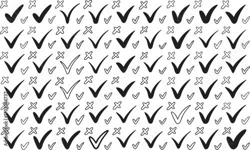 Seamless Pattern of Hand Drawn Check Marks and X Marks in Black and White Keywords: check mark, x mark, cross, tick, symbol, pattern, seamless